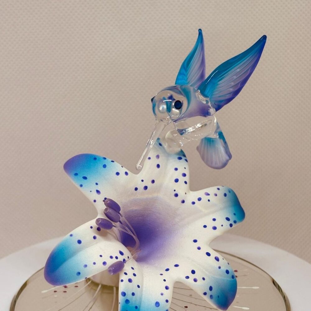 Hummingbird on Blue Lily Glass Figurine Bird Decor Gift